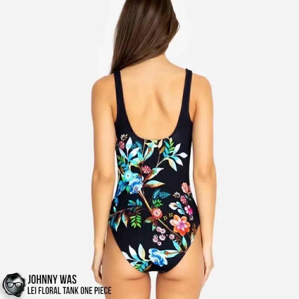 JOHNNY WAS LEI FLORAL TANK ONE PIECE PLUS SIZE 2X SWIMSUIT IN BLACK FLORAL NEW